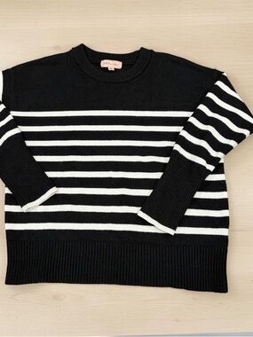 Philosophy Women’s Heavy Black and White Striped Ribbed-Knit Crew Sweater M